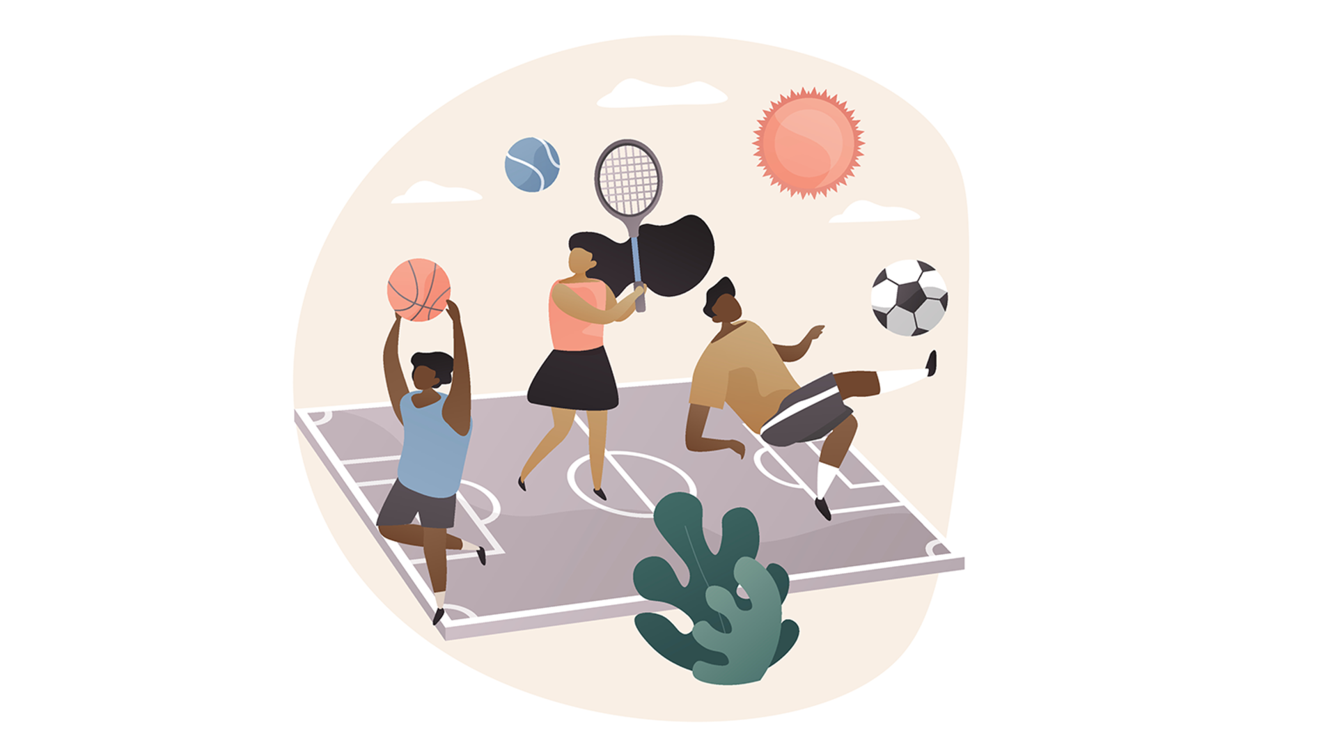 Illustration av tre personer som utför bollsporter.