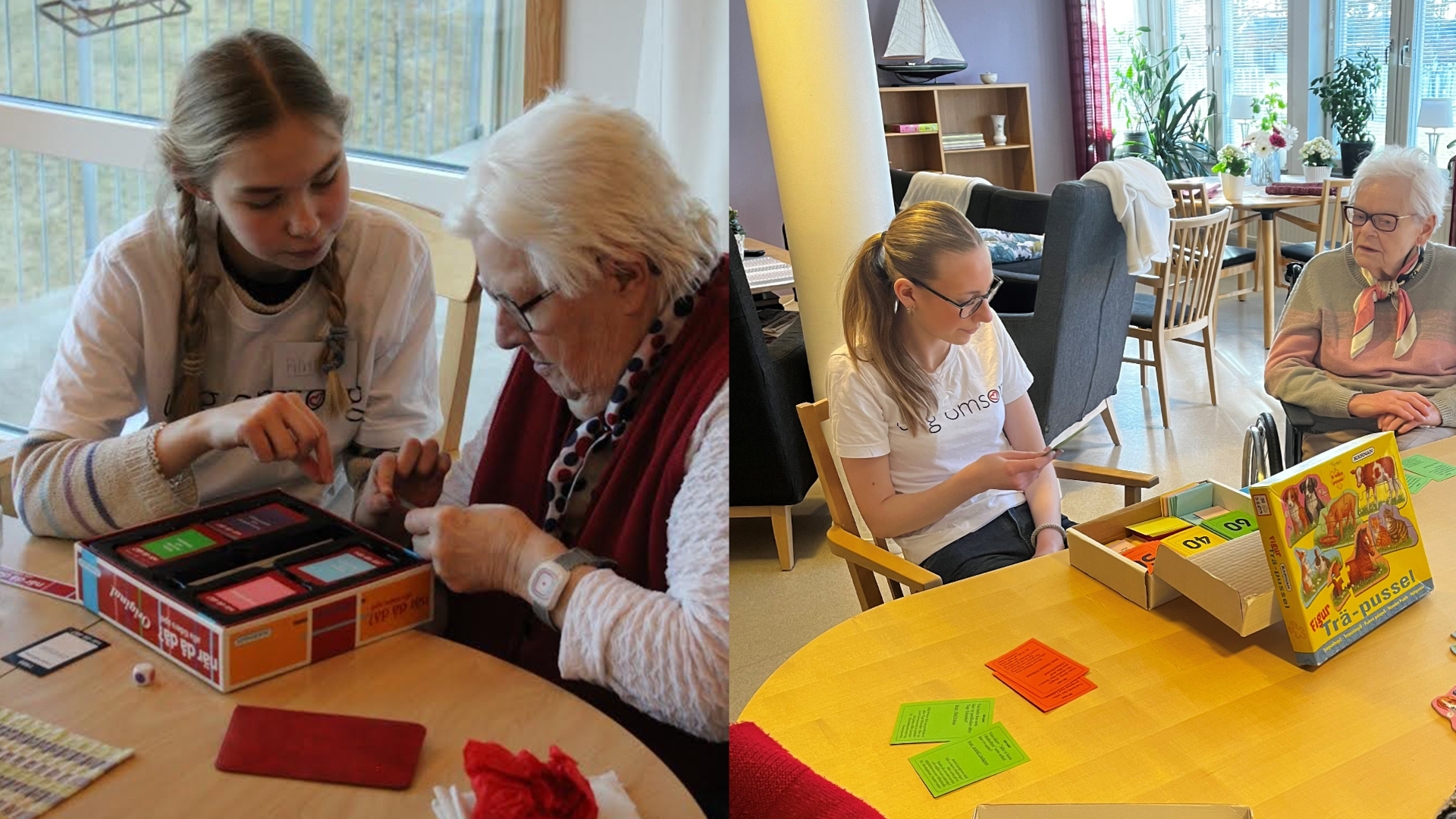 Två bilder där ungdomar från Ung omsorg spelar spel med en boende på Sigghusberg/Sjöryd.