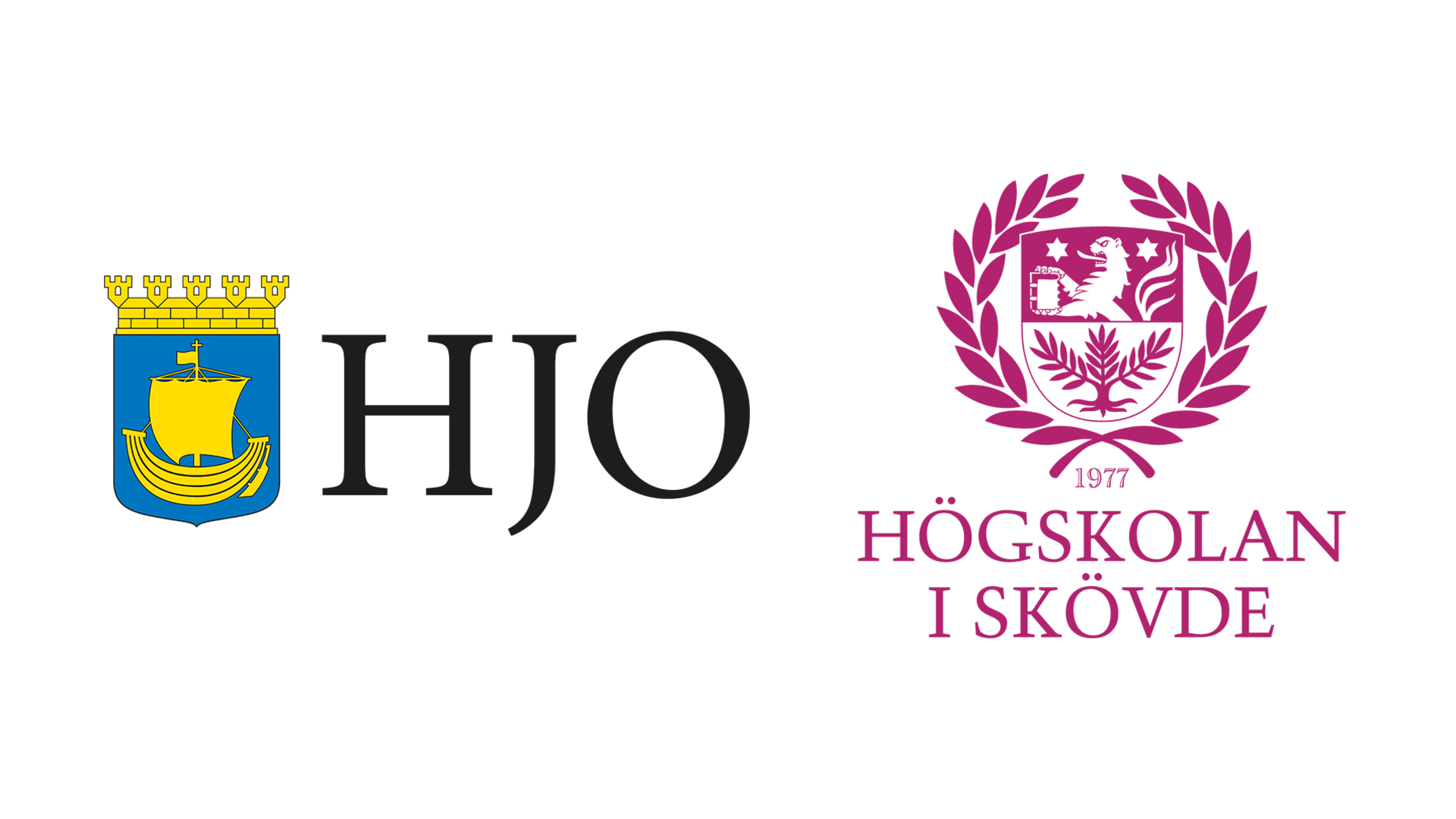 Logotyperna för Hjo kommun och Högskolan i Skövde bredvid varandra.