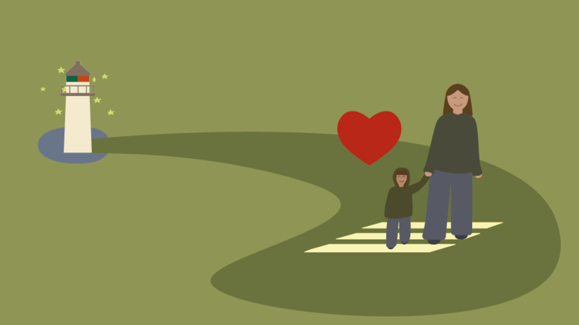 Gröna illustrationer med Hjo-fyren, en vuxen och ett barn som håller hand och ett rött hjärta.