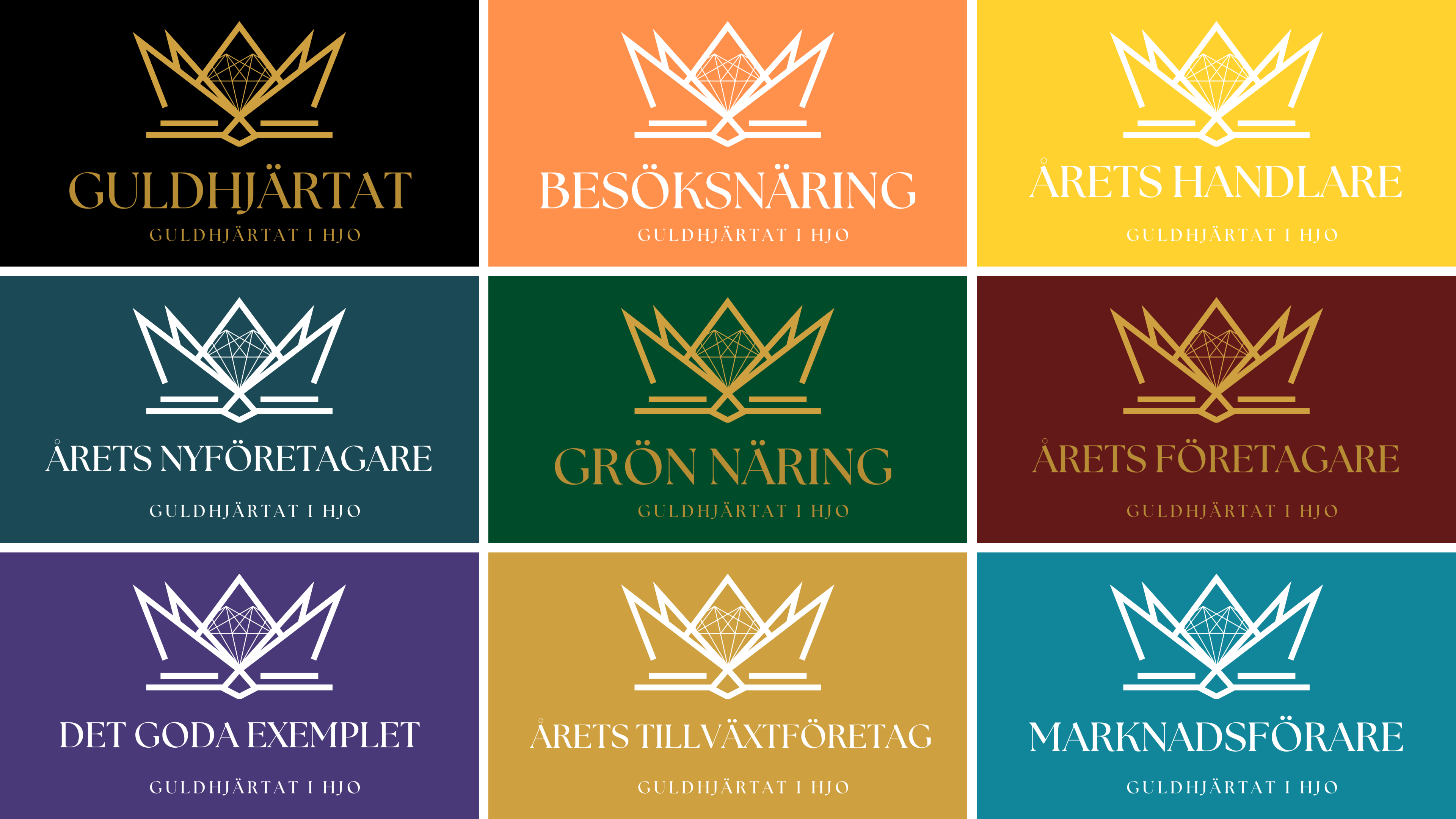 Logotyper för varje priskategori på näringslivsgalan Guldhjärtat.