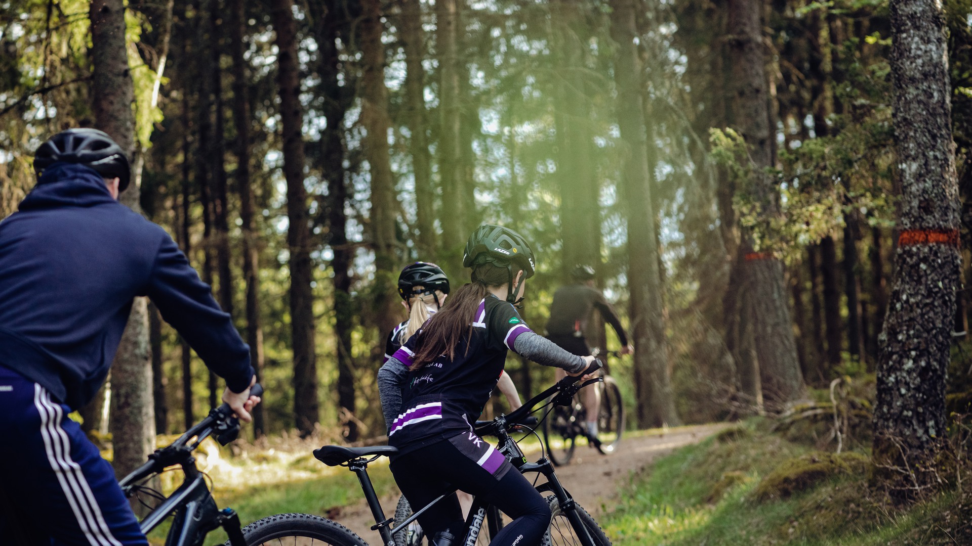 Tre personer på mountainbikes i Högalidenskogen.