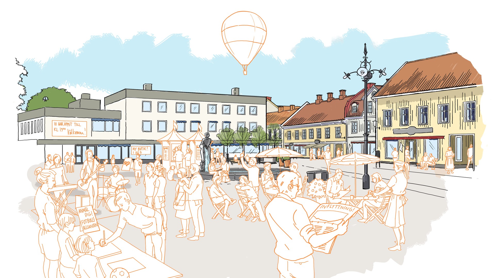 Illustration av Stora torget i Hjo, fullt av tecknade människor, en luftballong och mycket som händer.