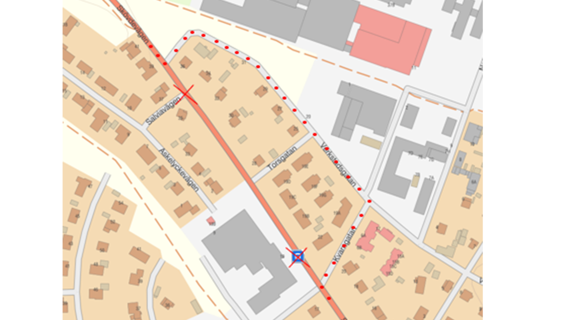 Karta som visar omledningen av trafik vid av Skövdevägen. Samma information framgår av texten.