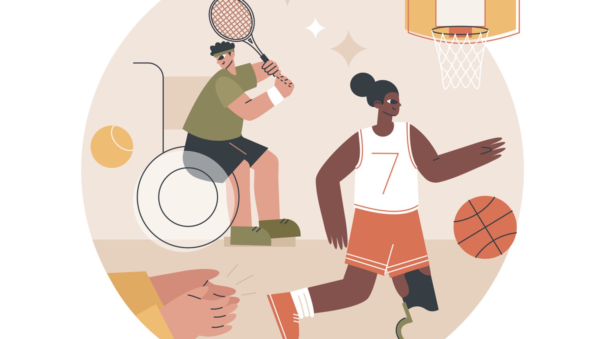 Illustration av två personer med funktionsnedsättning som spelar tennis och basket.