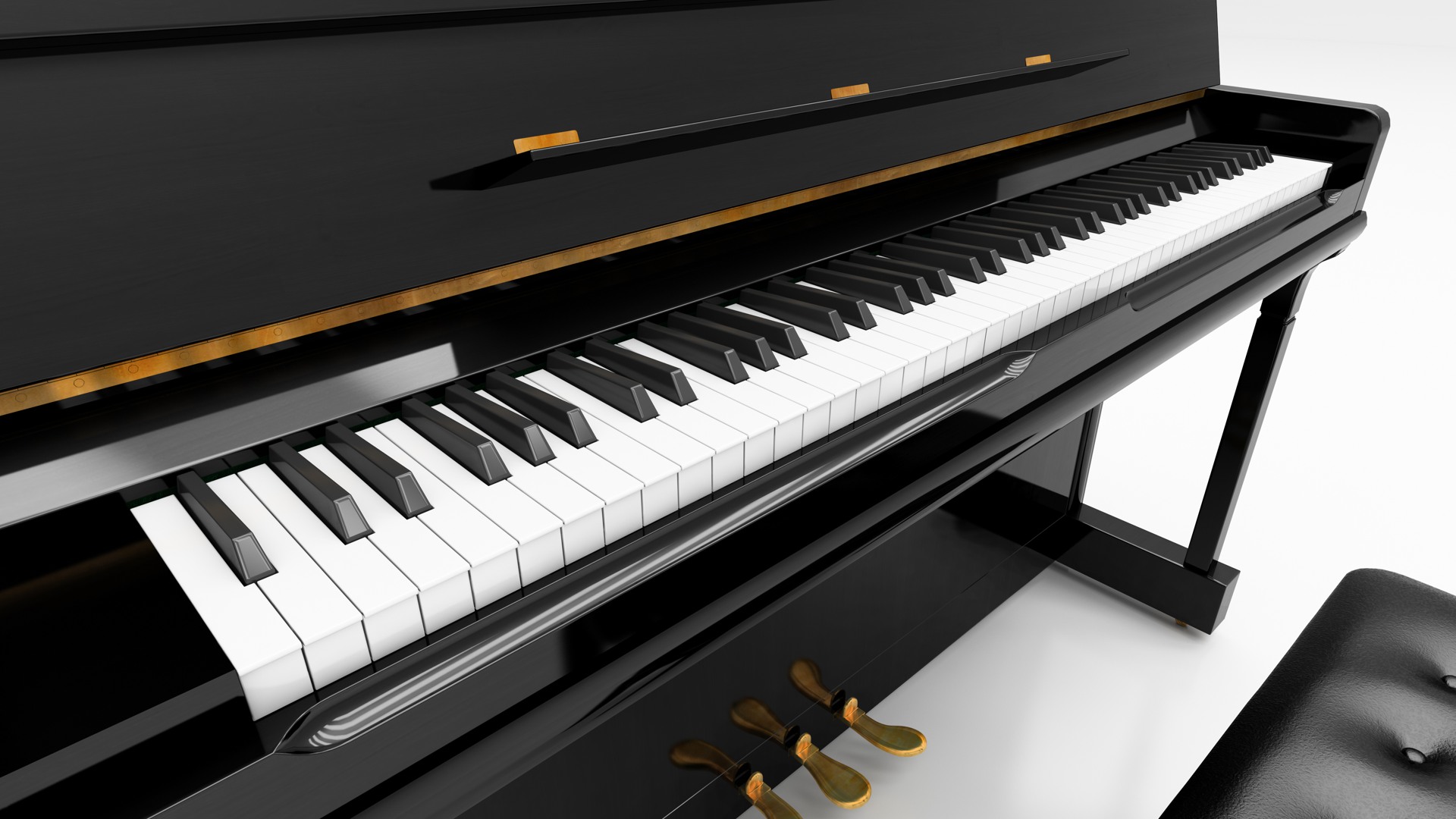 Upright piano on light background in studio