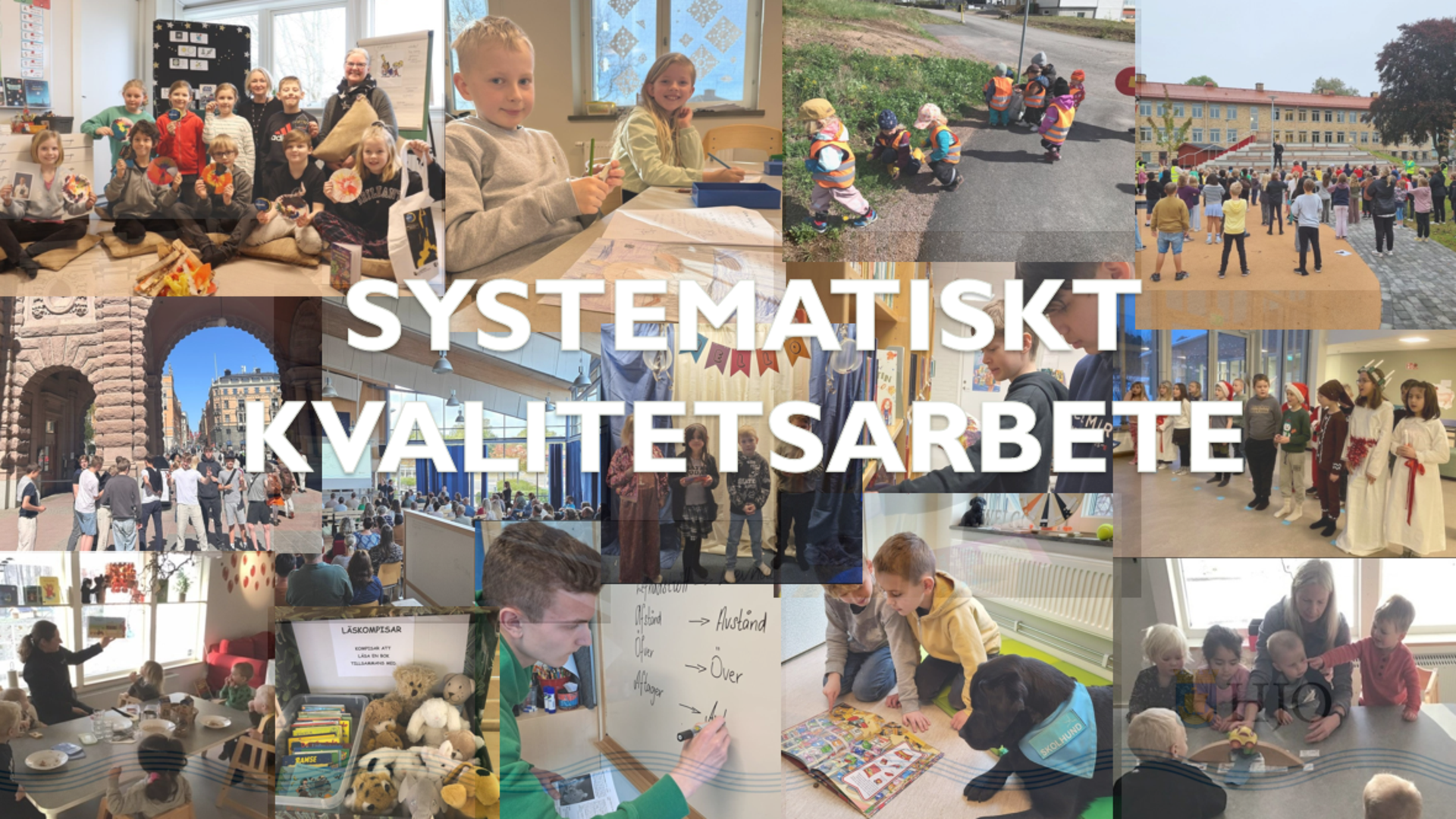 Kollage med bilder från flera olika förskolor och skolor med texten systematiskt kvalitetsarbete skrivet i vitt.