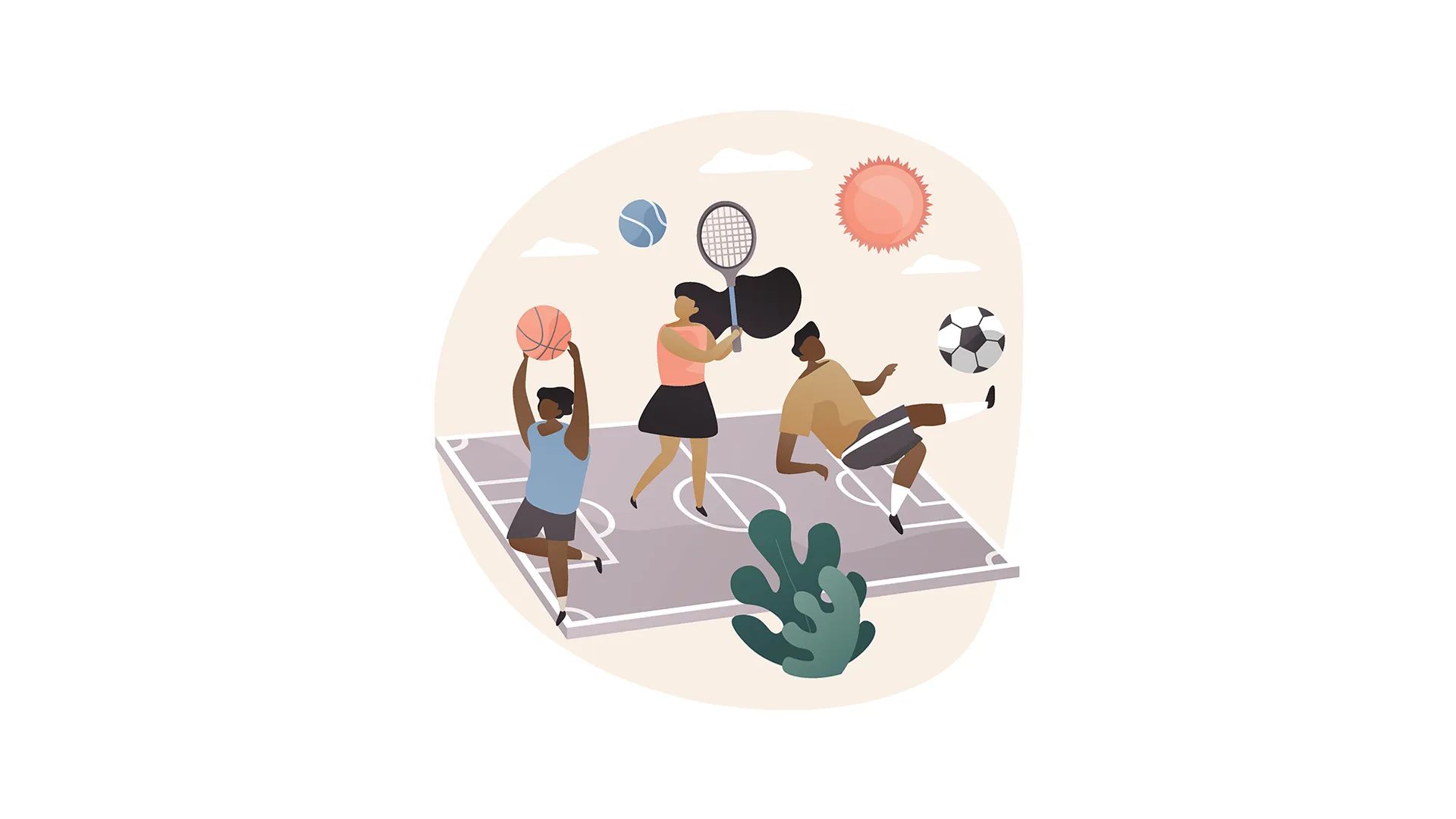 Illustration av tre personer som utför bollsporter.