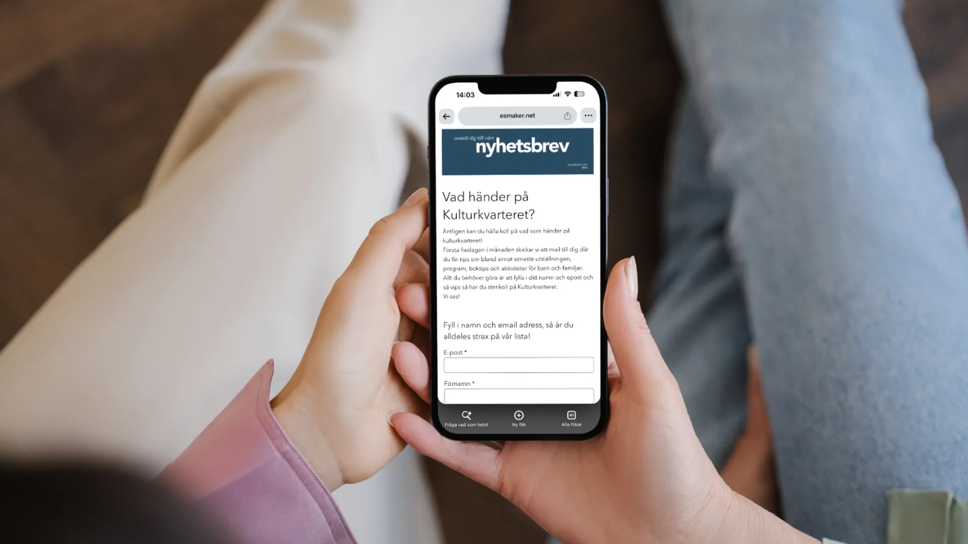 En bild på en telefon som visar formulär till nyhetsbrev på Kulturkvarteret