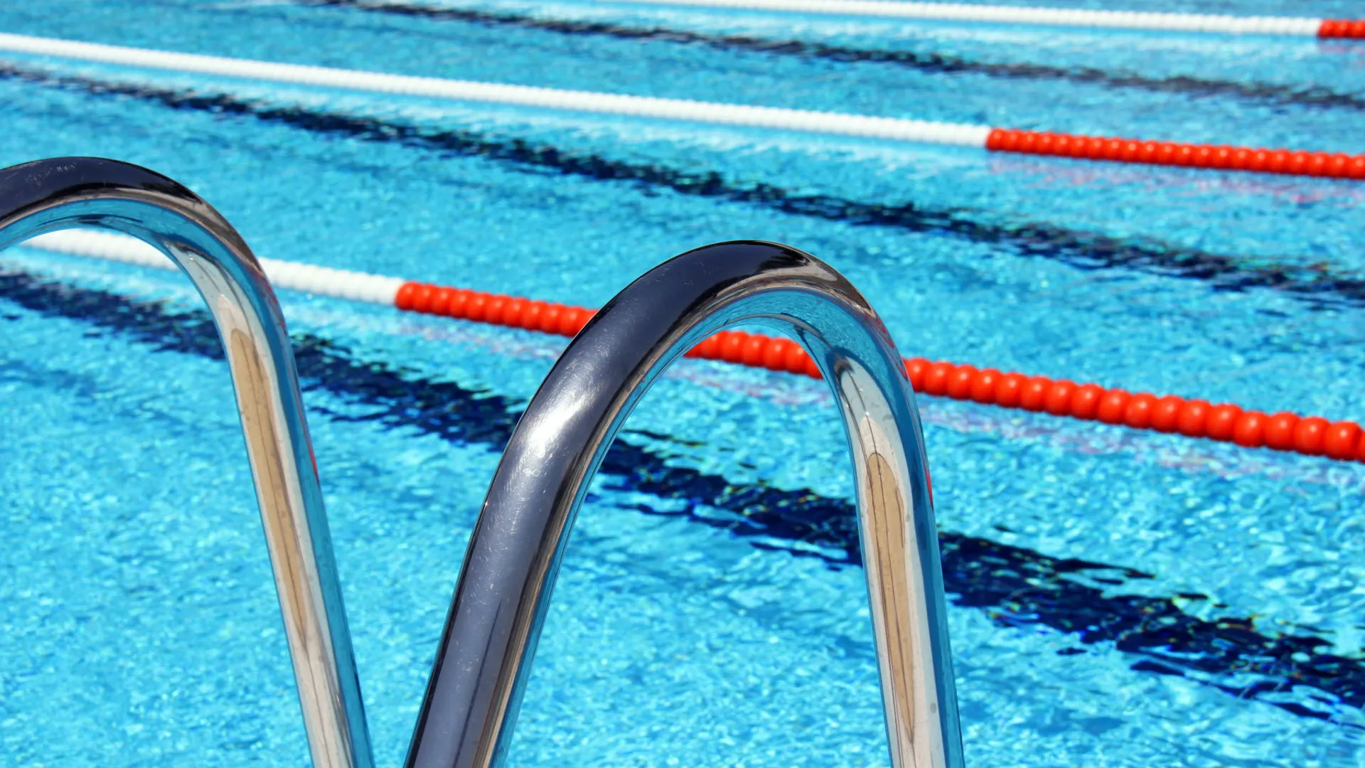 En simbassäng med stege i förgrunden.