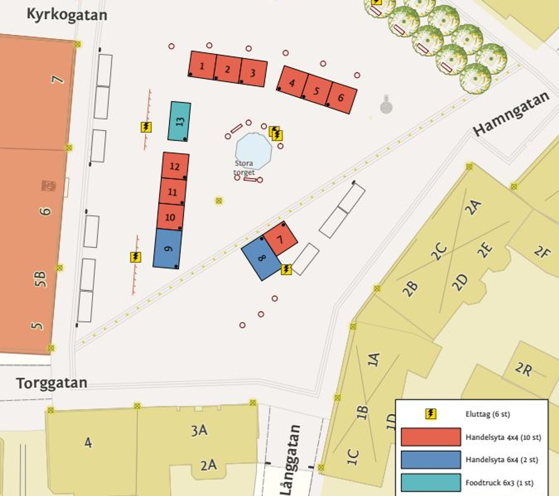 En karta över torghandelsplatser på Stora torget. 