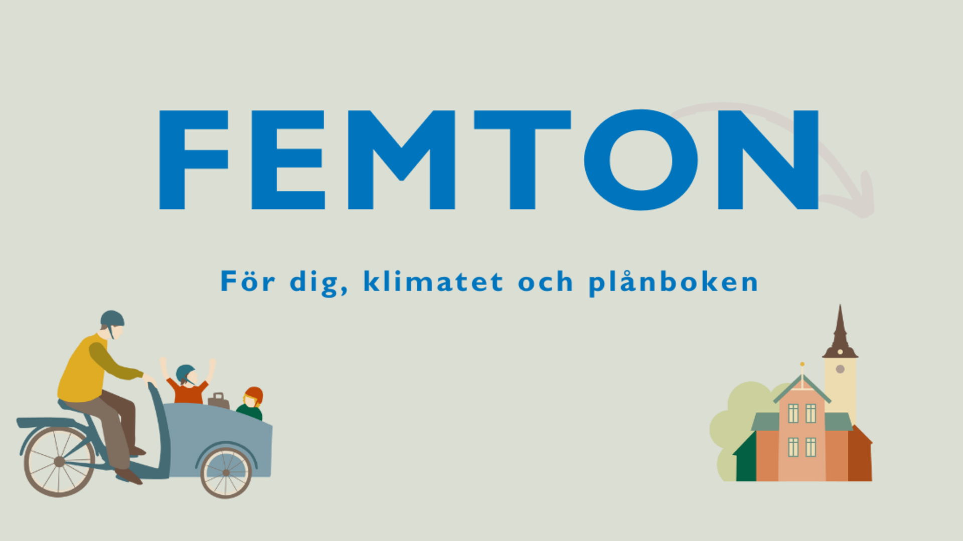 Texten "Femton. För dig, klimatet och plånboken" samt illustrationer föreställande en familj på cykel och Hjo stad. 