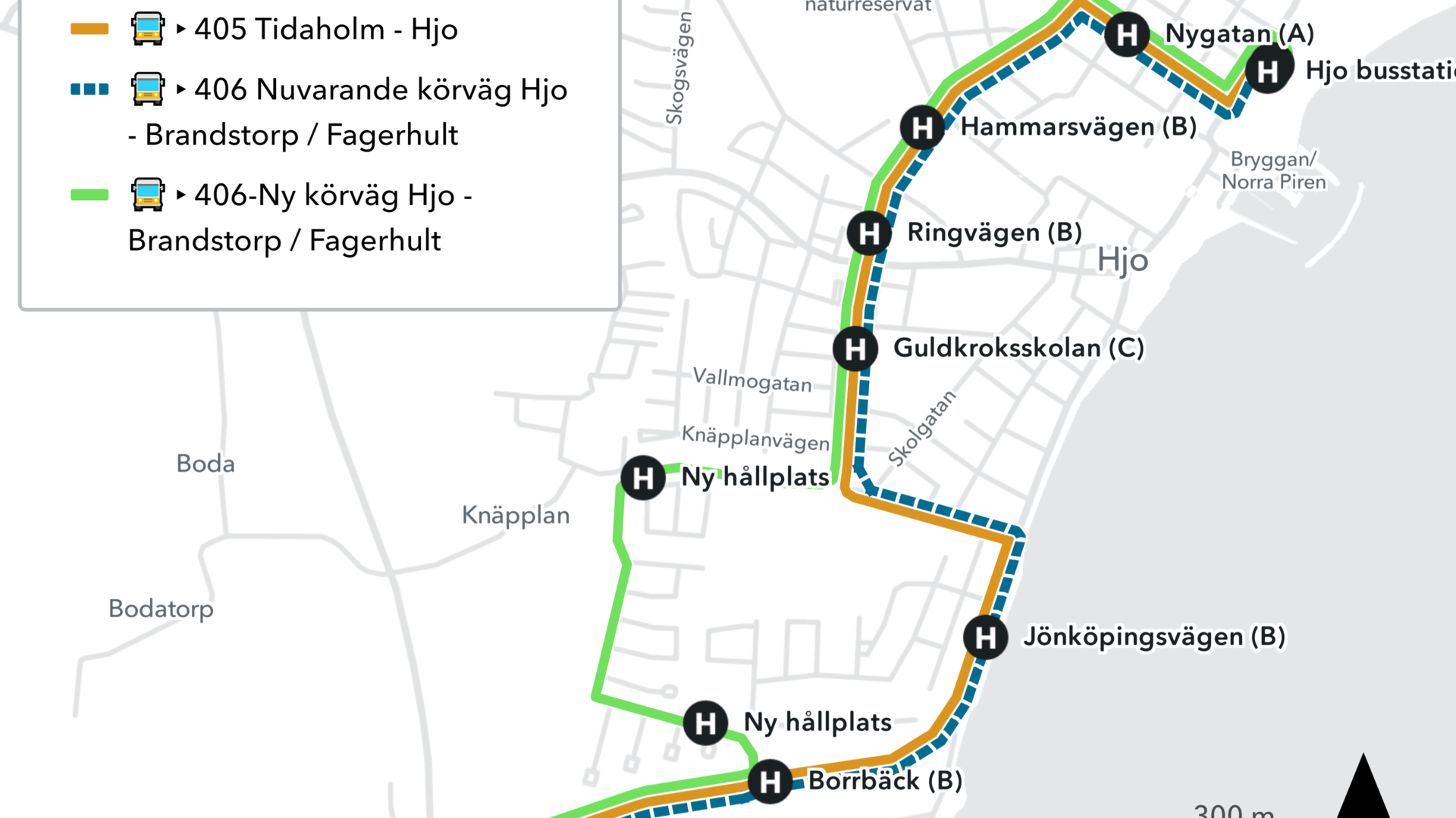 Karta över Hjo stad som visar nya rutterna för linje 405 och 406. Ändringarna framgår av texten.