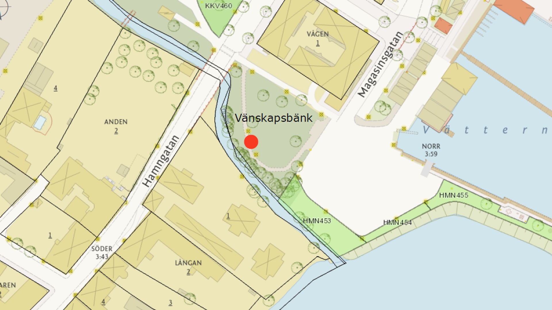 Karta som visar var en vänskapsbänk är placerad i Hjo.