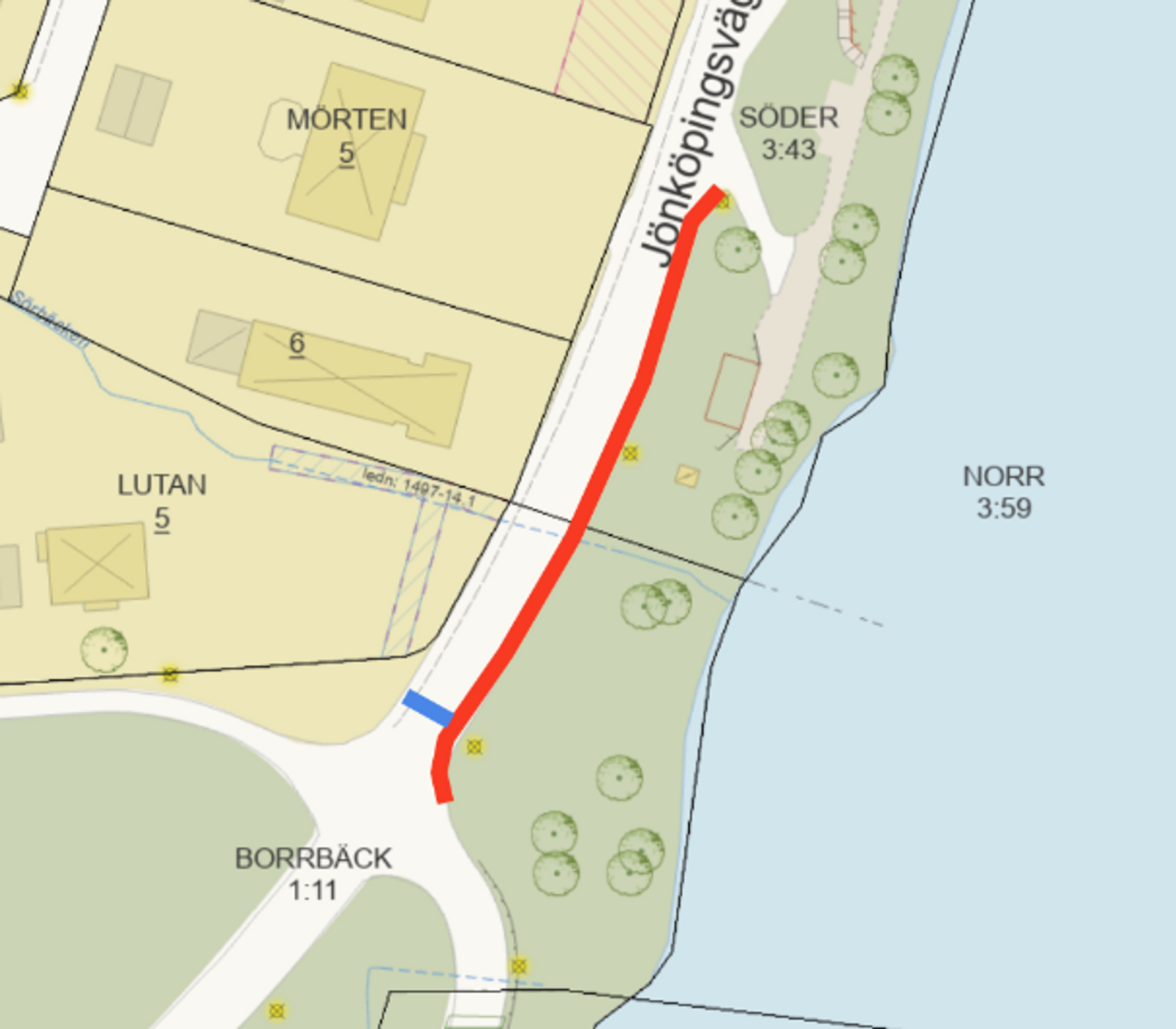 Avstängd sträcka längs Jönköpingsvägen, från Gamla landsvägen och 80 meter norrut.