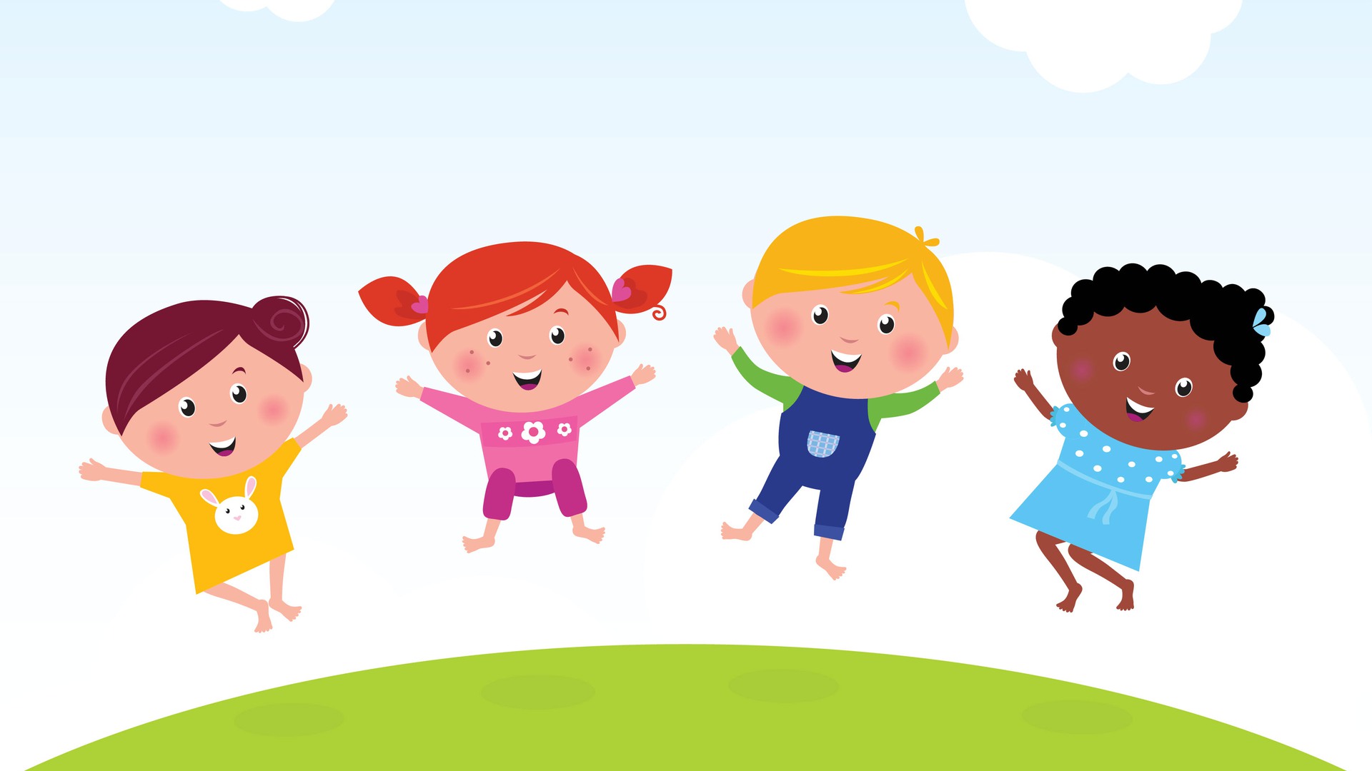 Illustration av fyra glada barn som hoppar upp i luften.