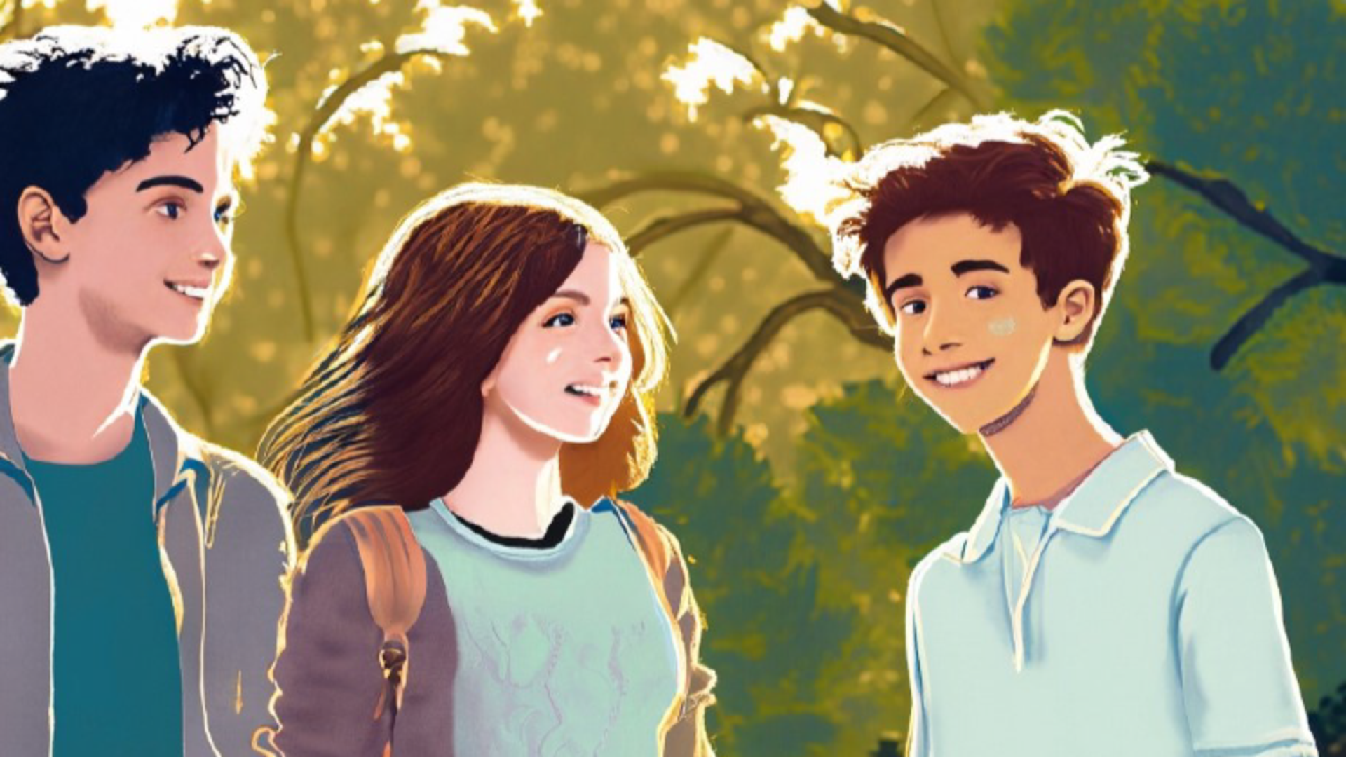 Illustration av tre glada ungdomar med träd i bakgrunden.
