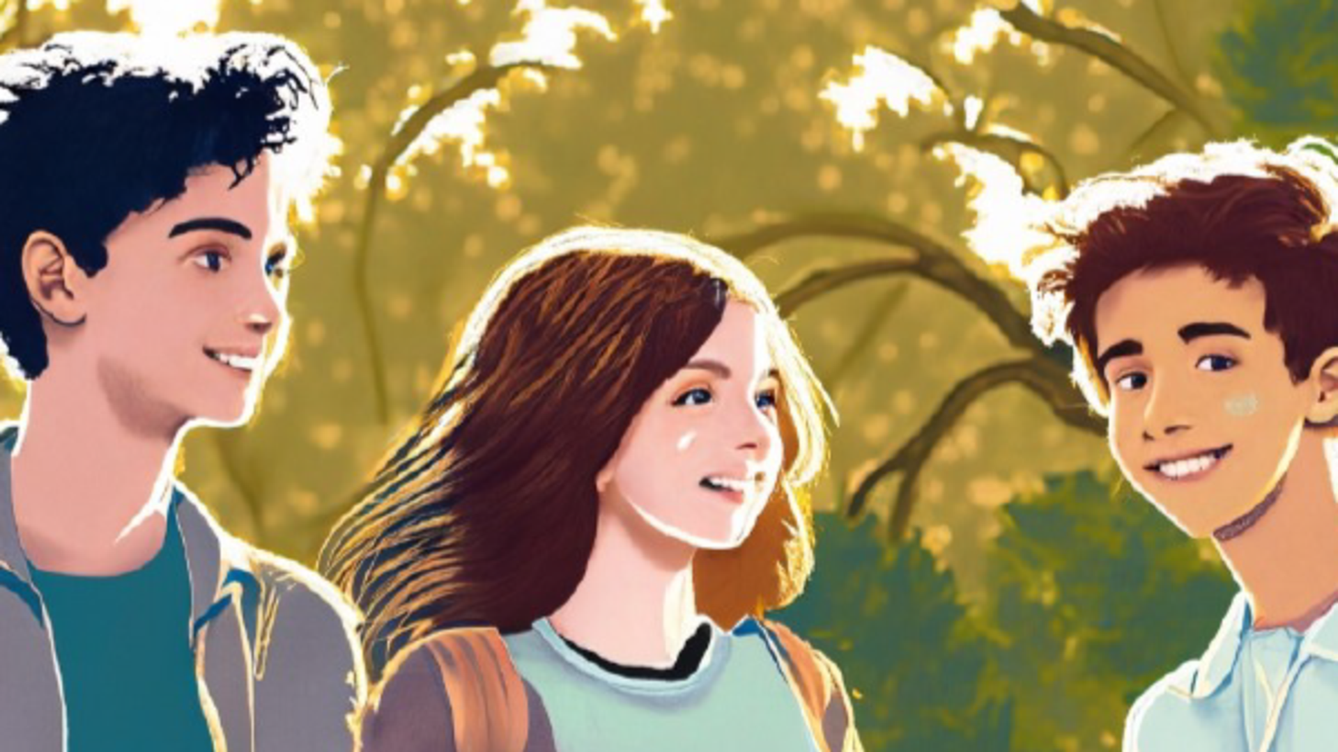 Illustration av tre glada ungdomar med träd i bakgrunden.