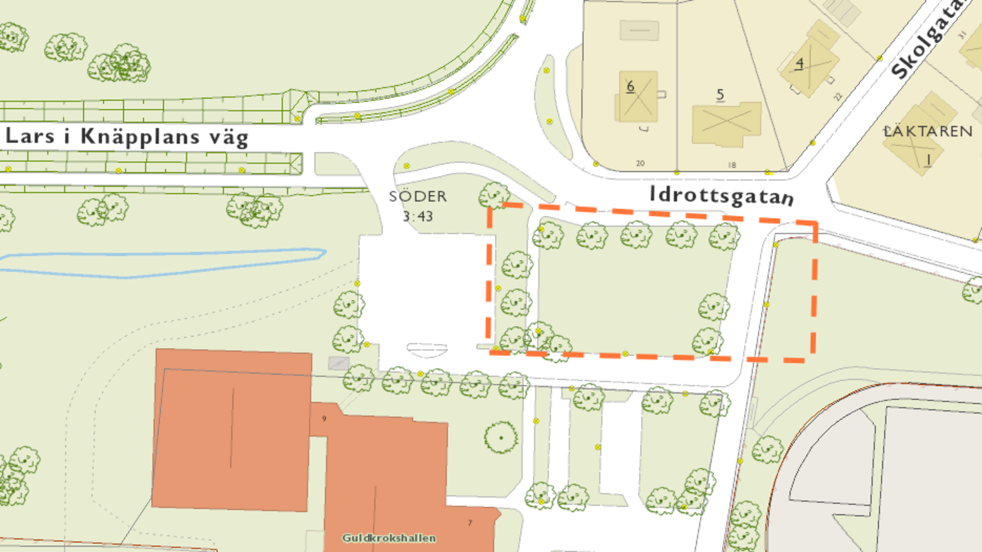 Karta över Guldkroksområdet där en grönyta i hörnet framför entrén, längs Idrottsgatan, är inringad.