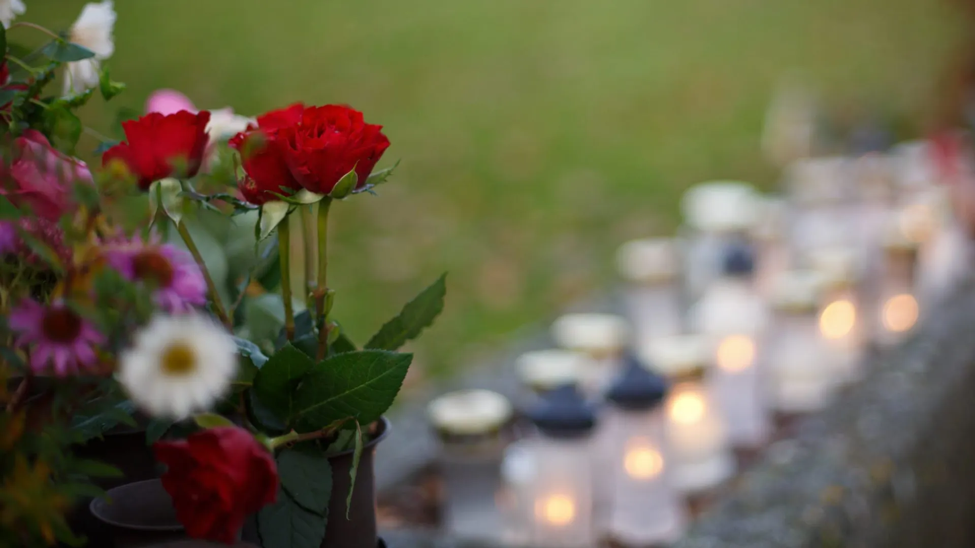 En gravplats med blommor och många tända gravljus.