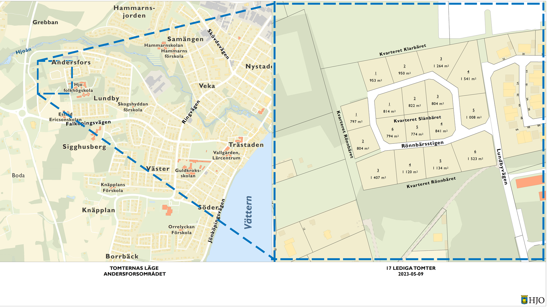 Karta som visar tomter som är till salu på Söder  6:1, Lundbyområdet.