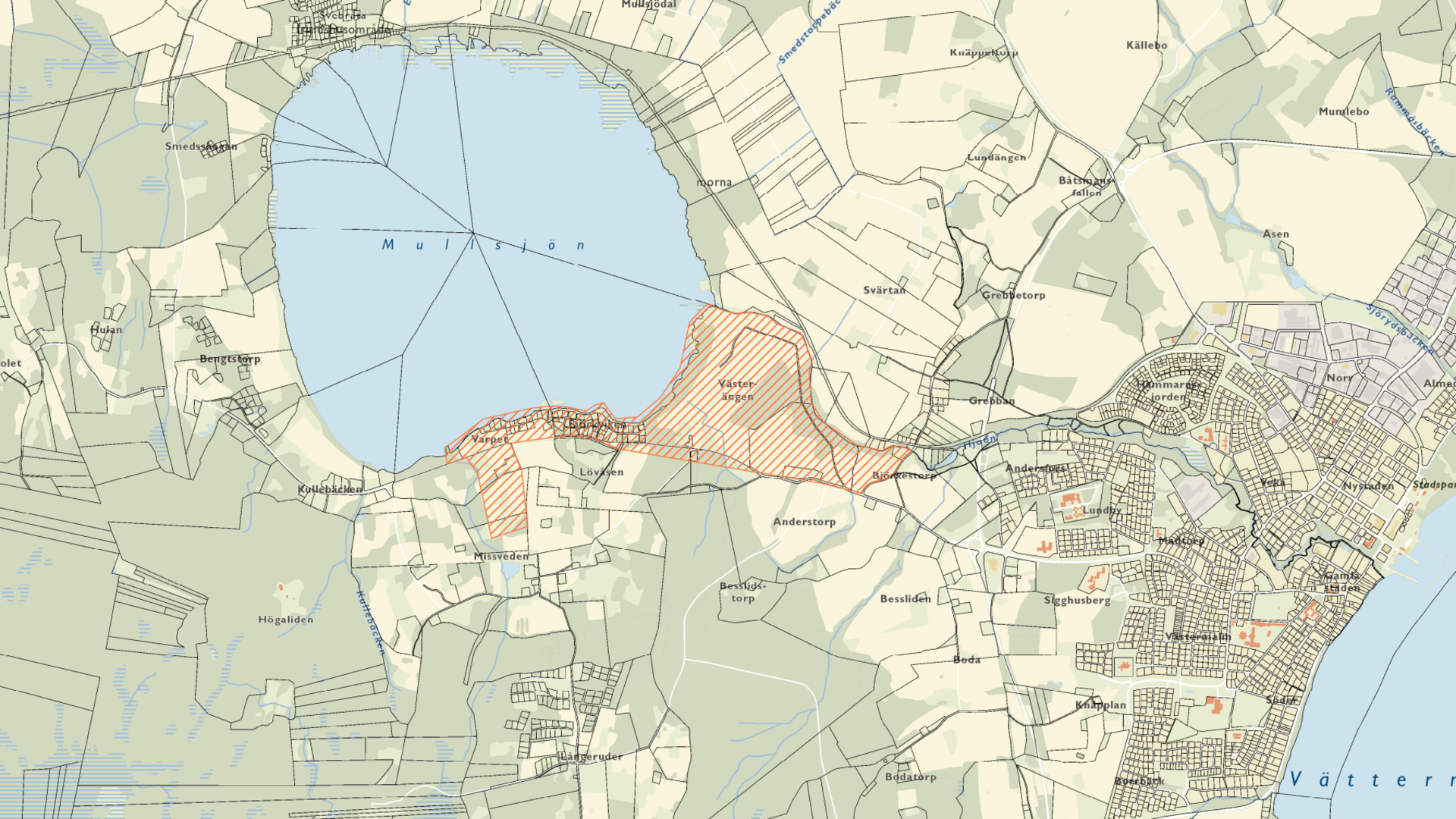 Karta med ett markerat område sydost om Mullsjön, som visar var vattnet stängs av. 