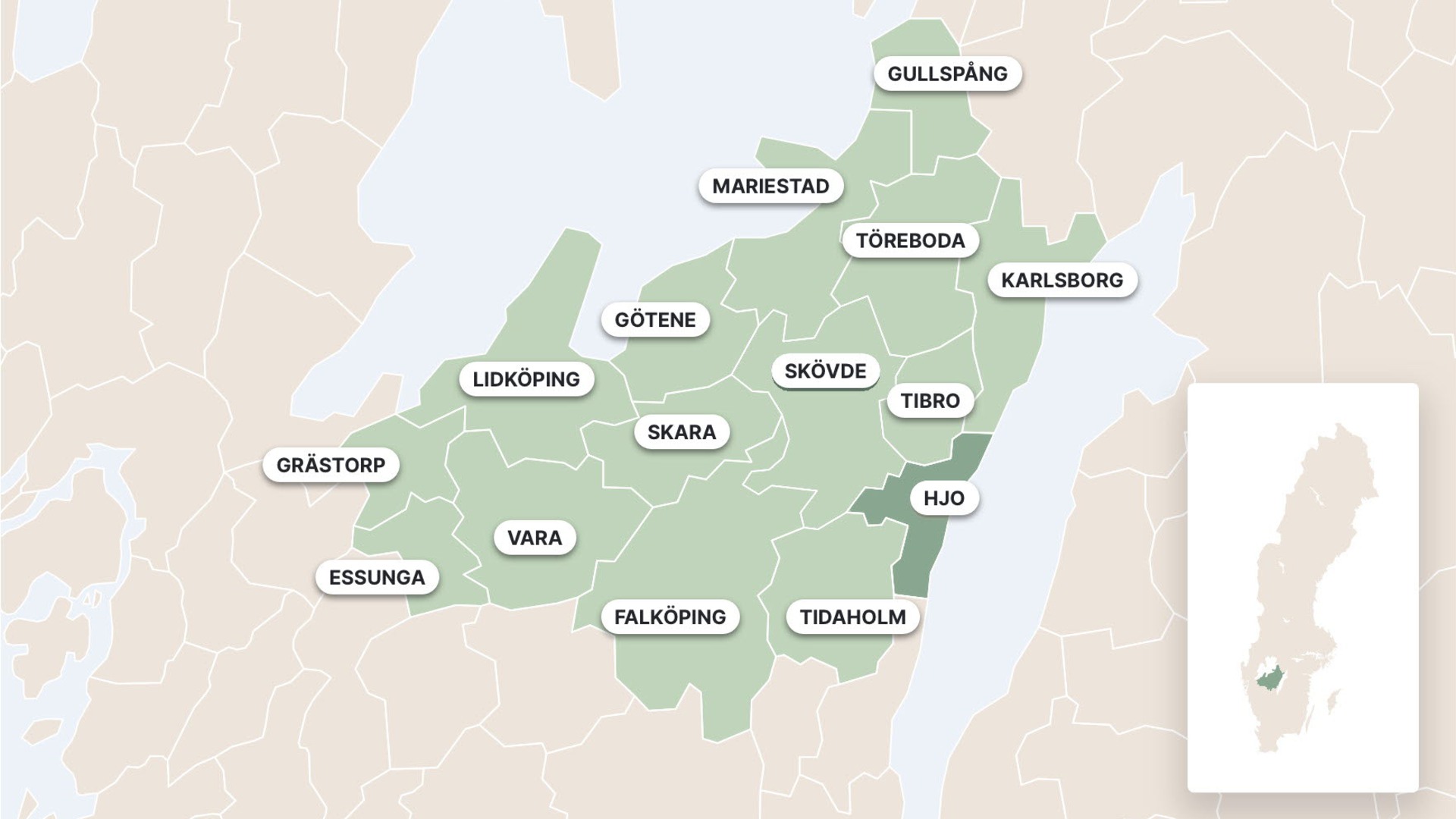 Illustrerad karta som visar kommunerna i Skaraborg, Hjo är utmärkt i mörktgrönt