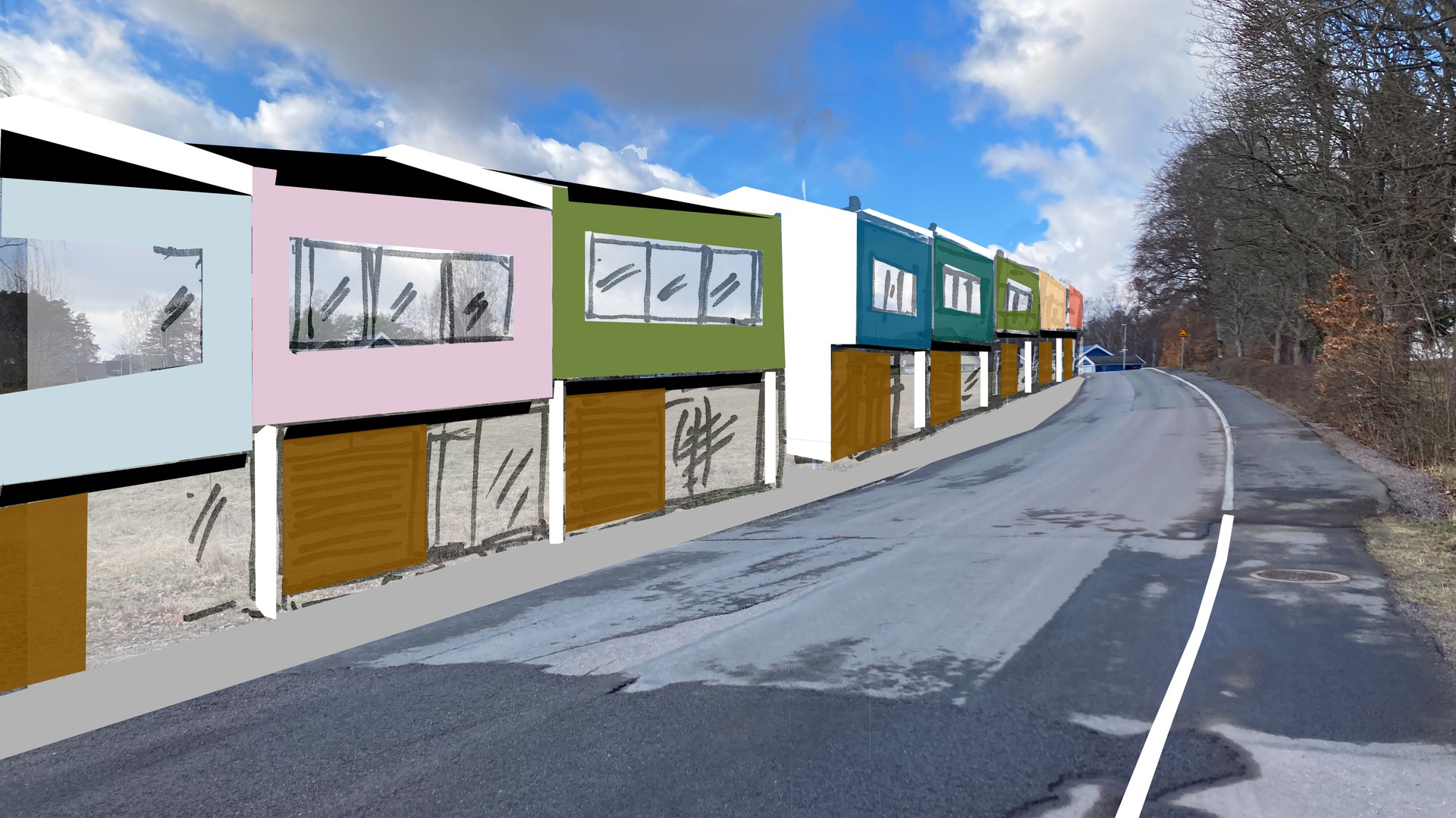 Fotografi med illustration över tänkt byggnation av radhus i två plan på Hammardalsområdet.