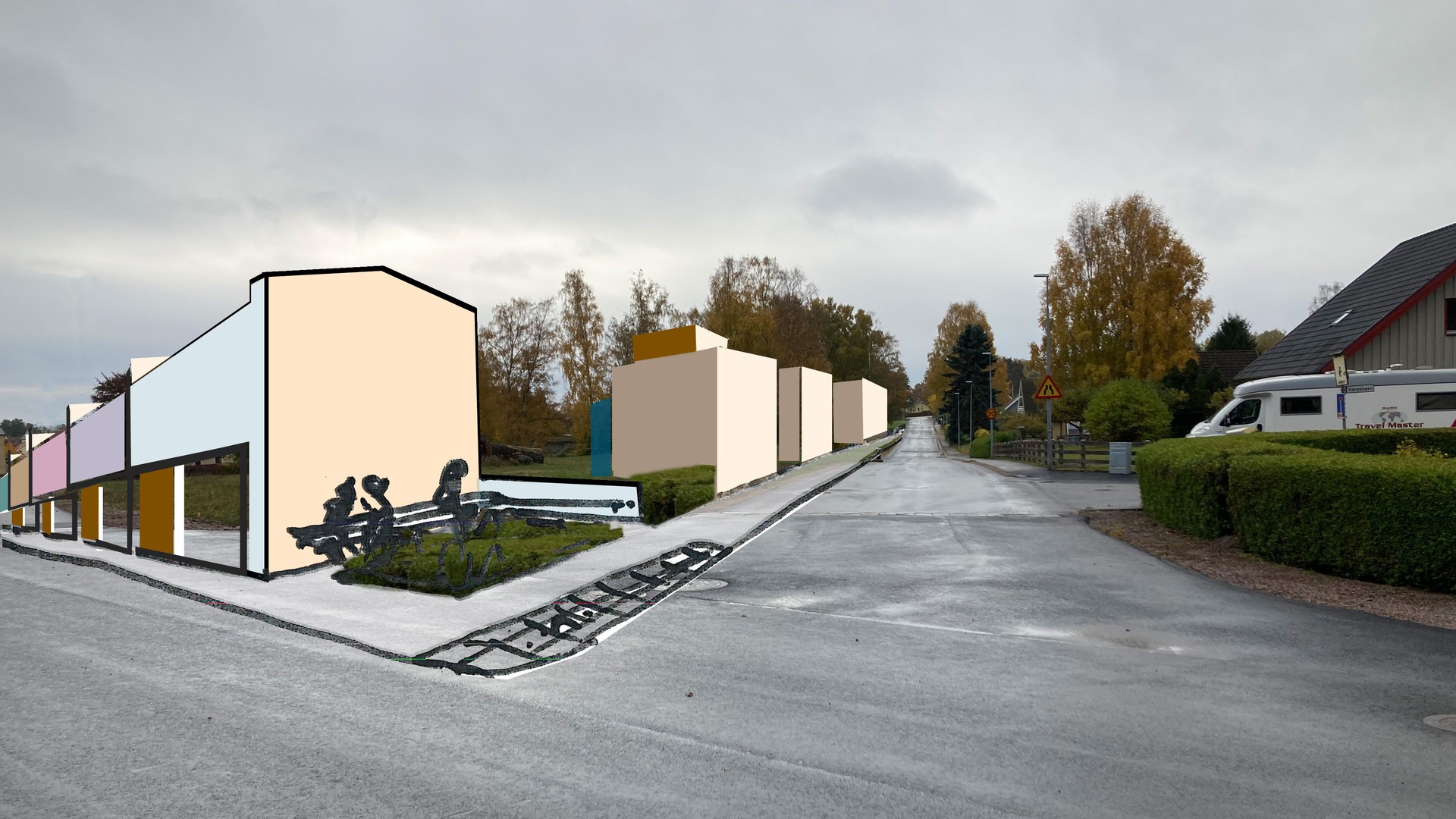 Fotografi med illustration över tänkt byggnation av radhus i två plan på Hammardalsområdet.
