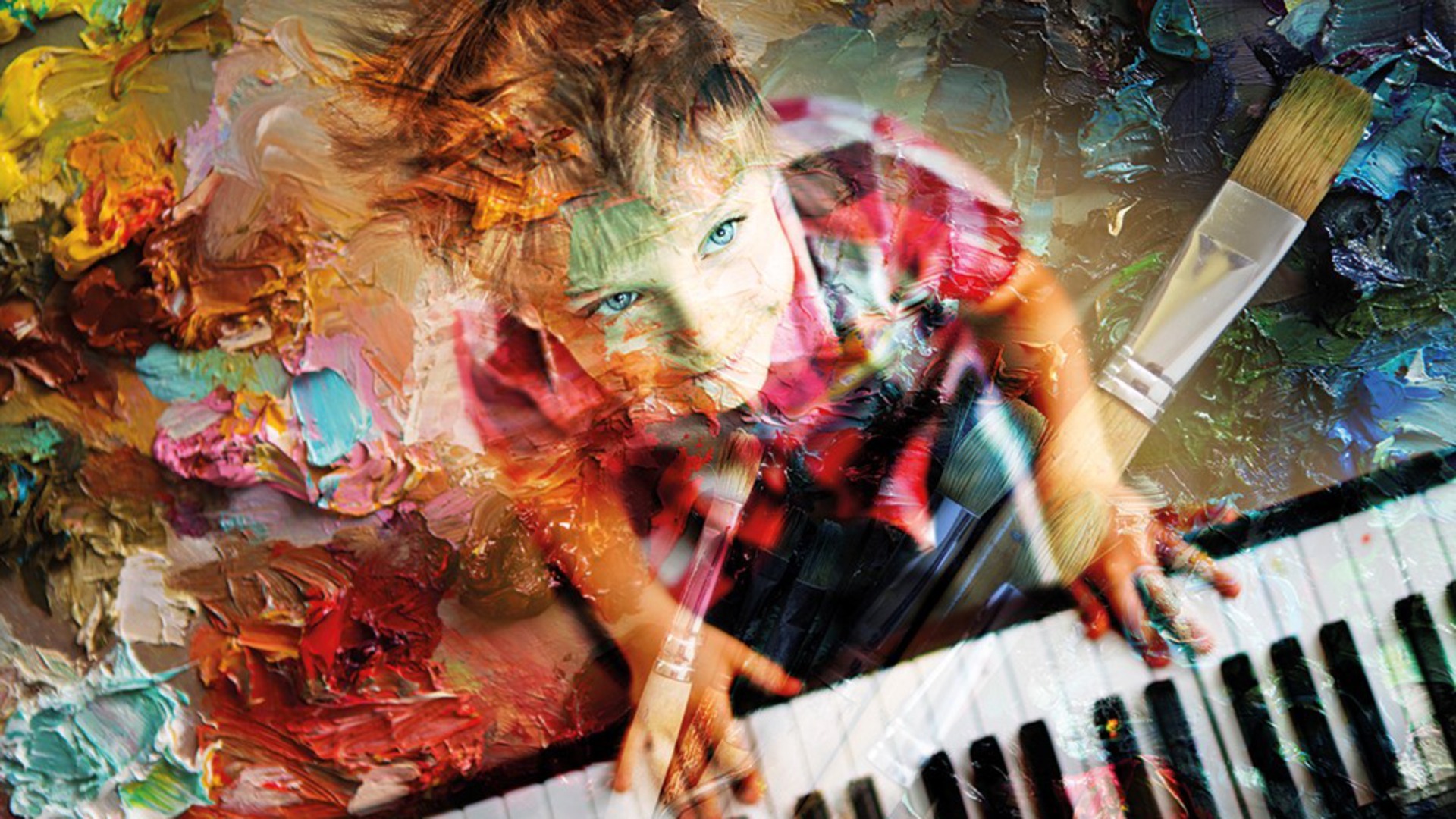 Collagebild med ett barn i rutig skjorta som spelar piano. Övertonat i bilden finns penslar och oljefärger.