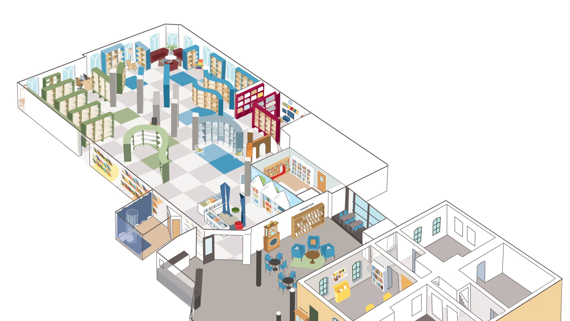 Karta över bibliotekets avdelningar