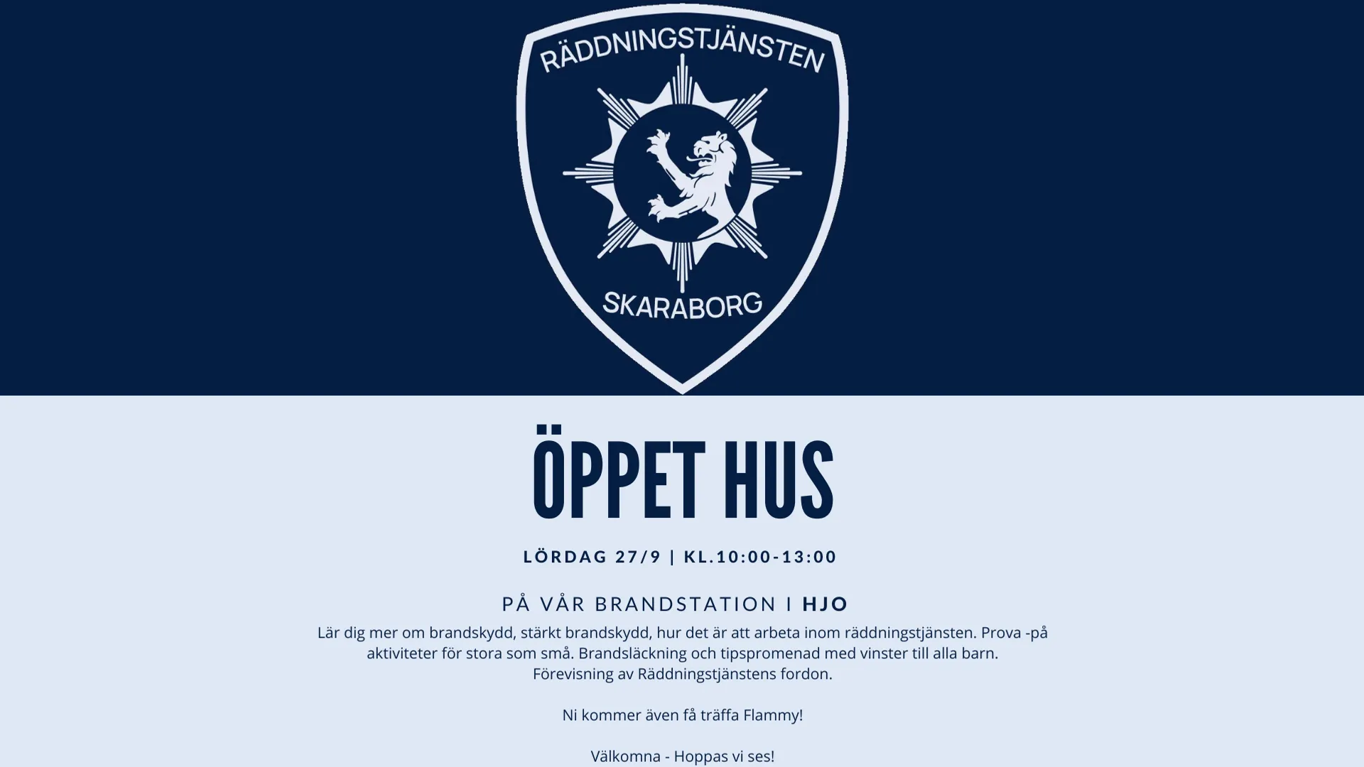 Räddningstjänsten Skaraborgs logotyp och info om öppet hus. Samma information framgår i texten.