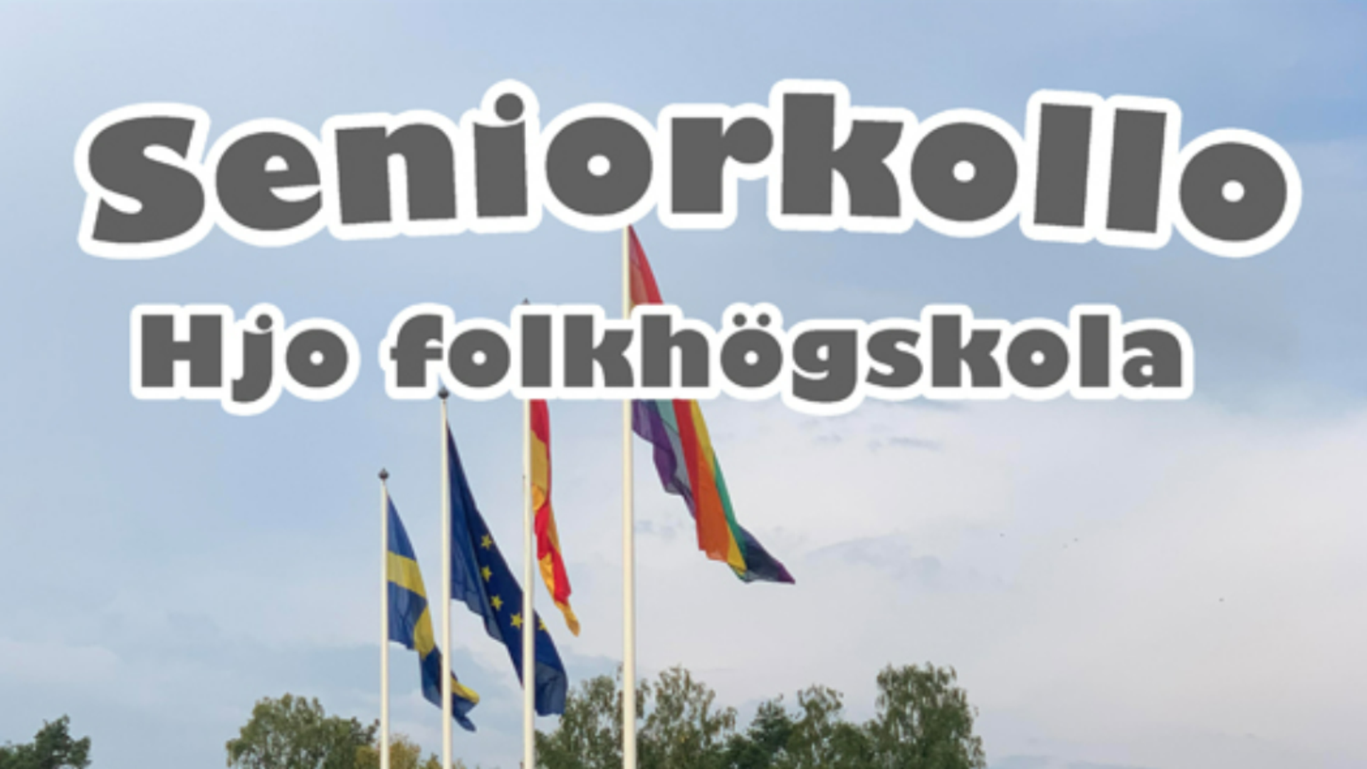 Texten seniorkollo Hjo Folkhögskola på en bild tagen på folkhögskolans flaggor.