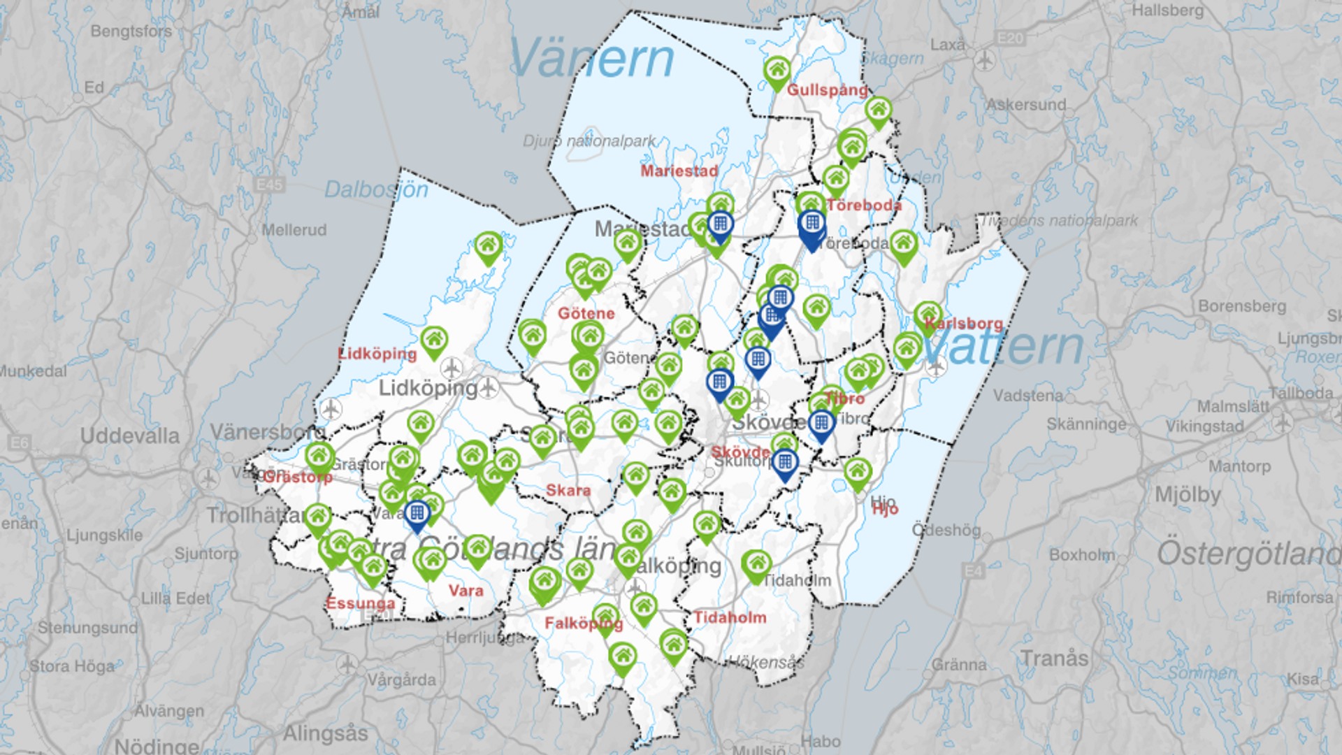 Karta över Skaraborg som visar var det finns lediga tomter.